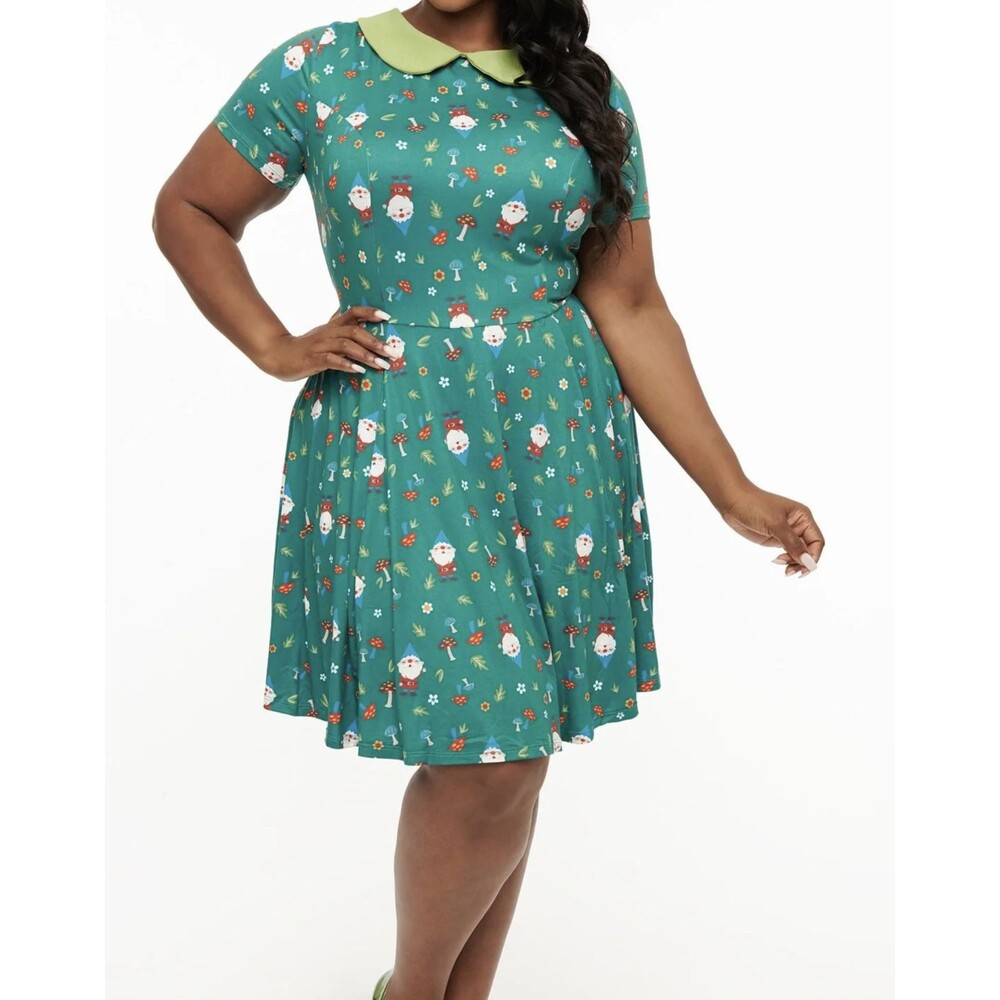 Unique Vintage 50's Style Green Gnome Women's 3XL 20 Fit & Flare Dress Zip-Up